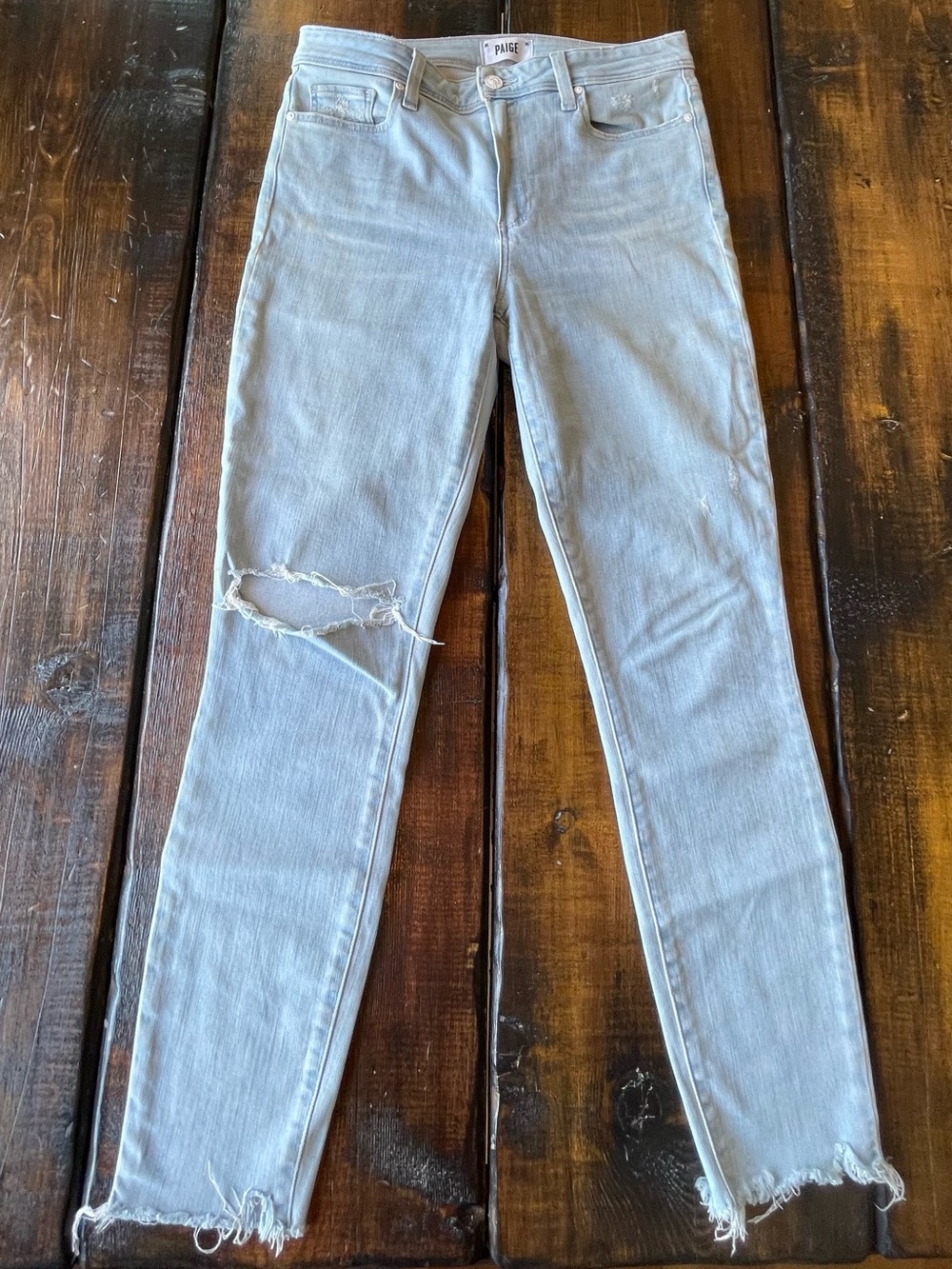 PAIGE Pale Blue Distressed High-Rise Skinny Jeans